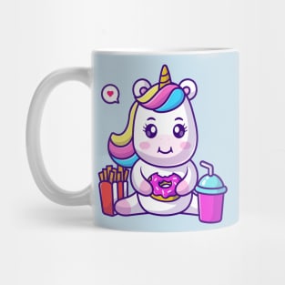 Cute Unicorn Eating Donut With French Fries And Soda Cartoon Mug